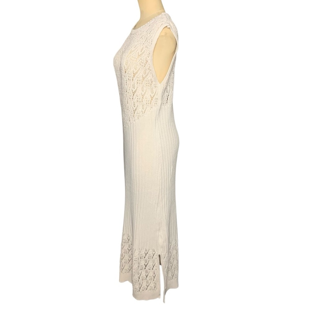 Zara Cream Crochet Knit Maxi Dress Sz M Sleeveless Side Slit Minimalist Coatal - Picture 4 of 14